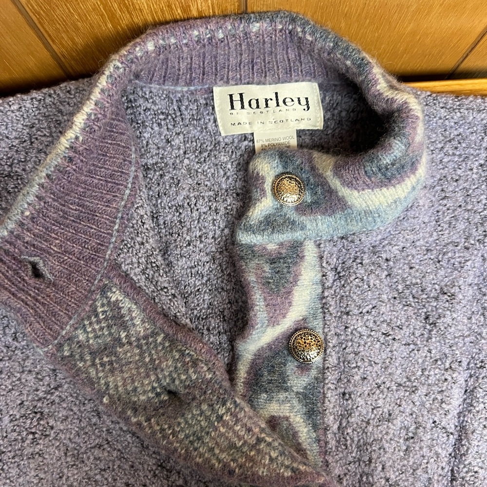 Harley of Scotland Wool Cardigan Blue/Gray/Purple Fair Isle Geometric Sweater S